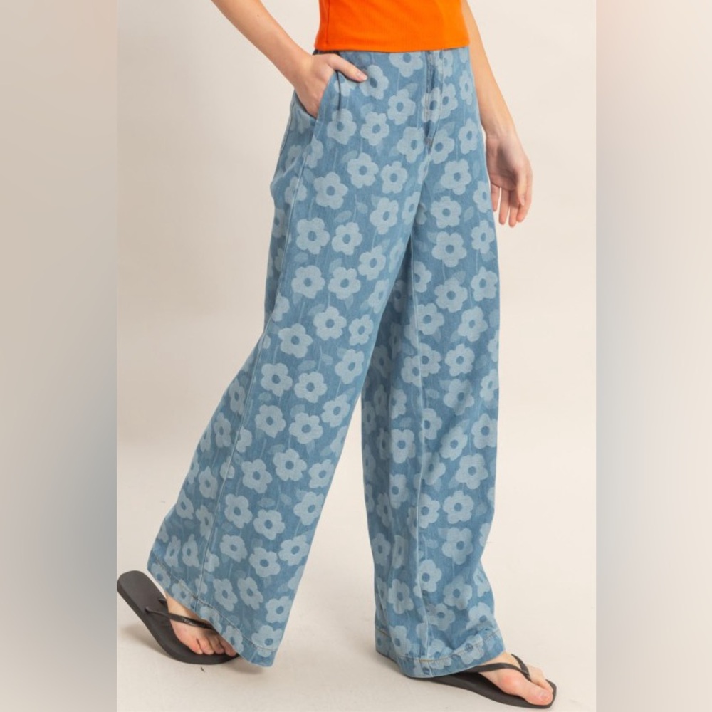 Floral Wide-leg Pants|Light Blue